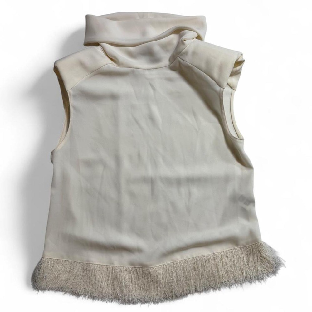 Minimal Chic Zara Cream fringe sleeveless top with ruffles and shoulder pads